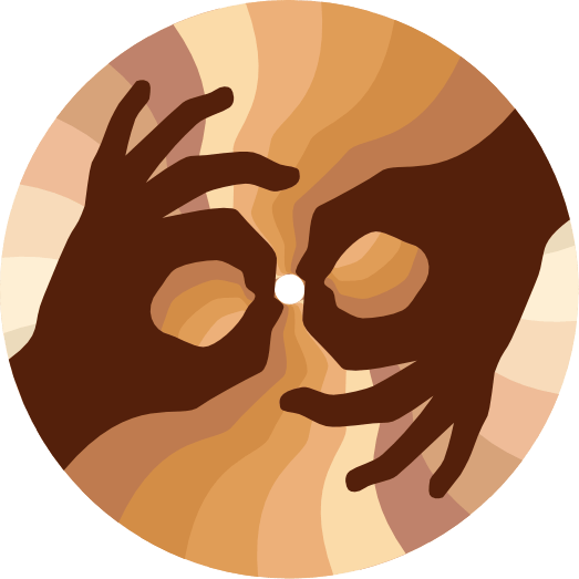 A flat illustration of two hands making the ASL sign for “Interpreting,” atop wavy backgrounds colored in 12 different skin tones.