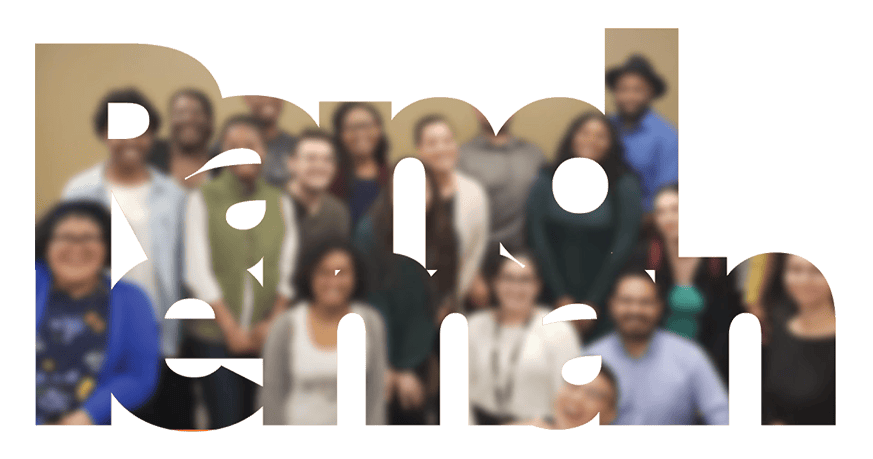 Bold letters spelling “Randleman,” broken into two lines and pressed close together to form a dynamic frame. Inside the letters is a blurred-out group of Randleman team members smiling.
