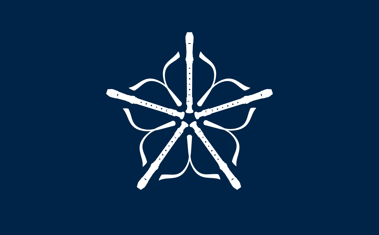 A white logo on a dark blue background. Flat illustrations of 5 recorders extend out from a central point, with petals reminiscent of the Rochester city mark connecting them.