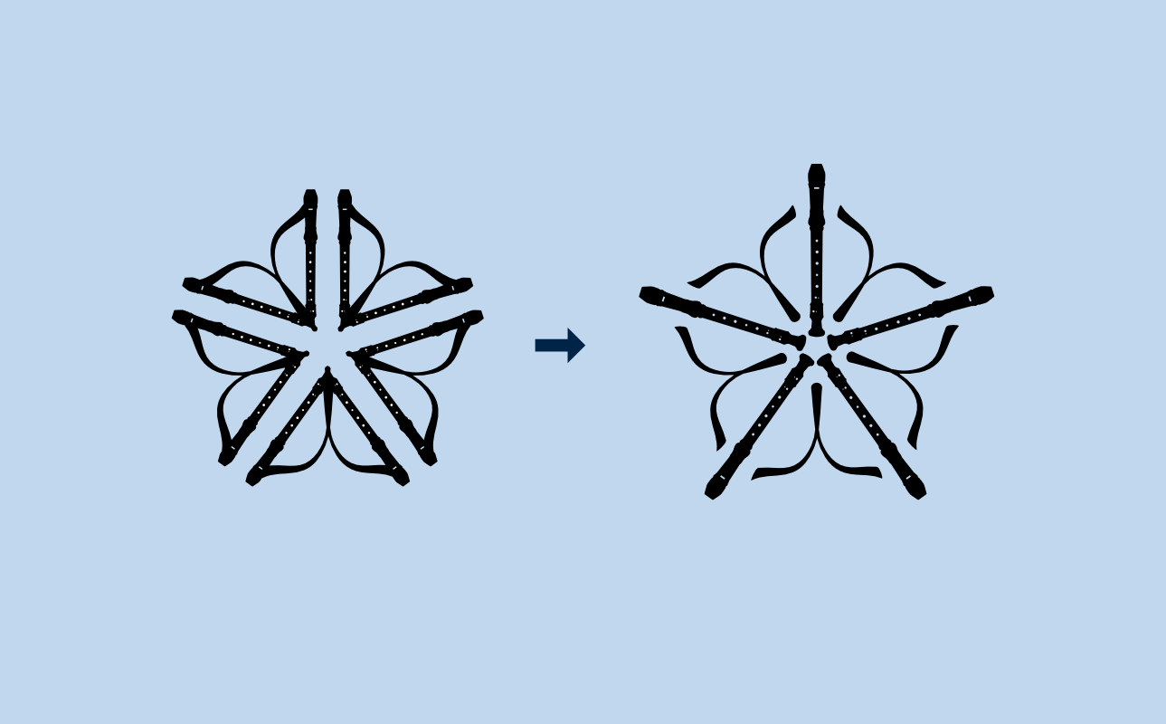 Two concepts of the logo, showing progression. The first attempt is very similar to the Rochester city mark, with recorders along each straight line. The second only has 5 recorders extending from the center of each petal, making the final design larger and more dynamic.