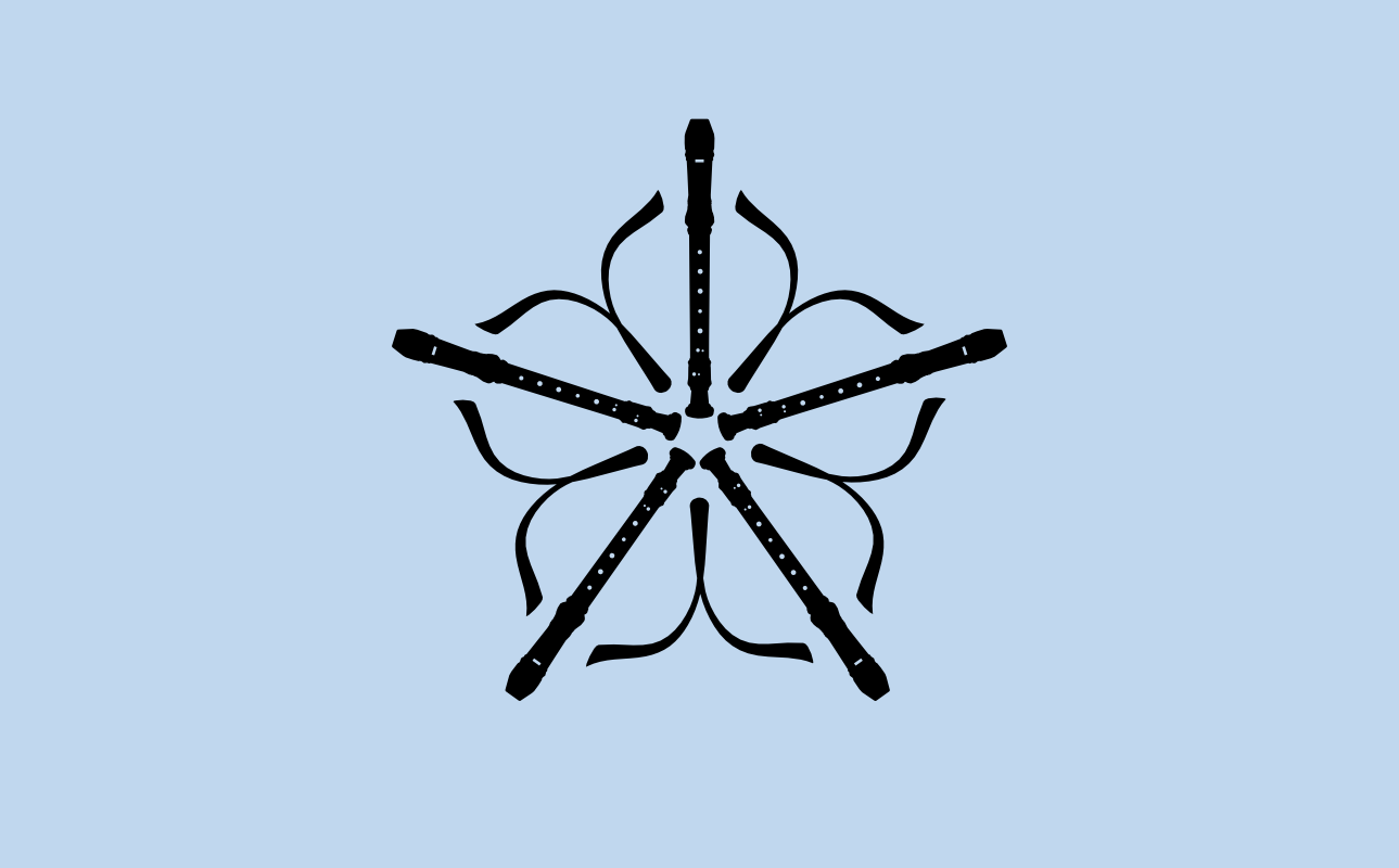 A black logo on a light blue background. Flat illustrations of 5 recorders extend out from a central point, with petals reminiscent of the Rochester city mark connecting them.