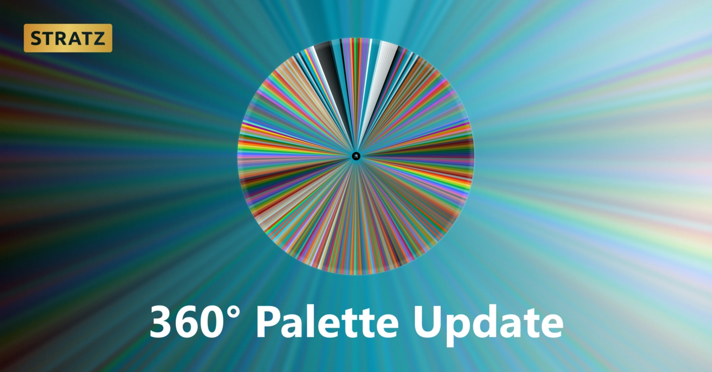 A color wheel with the STRATZ logo in the center and 360 rays of color radiating out to form a circle. A label below the wheel reads “360° Palette Update, and a gold STRATZ wordmark sits in the corner.”