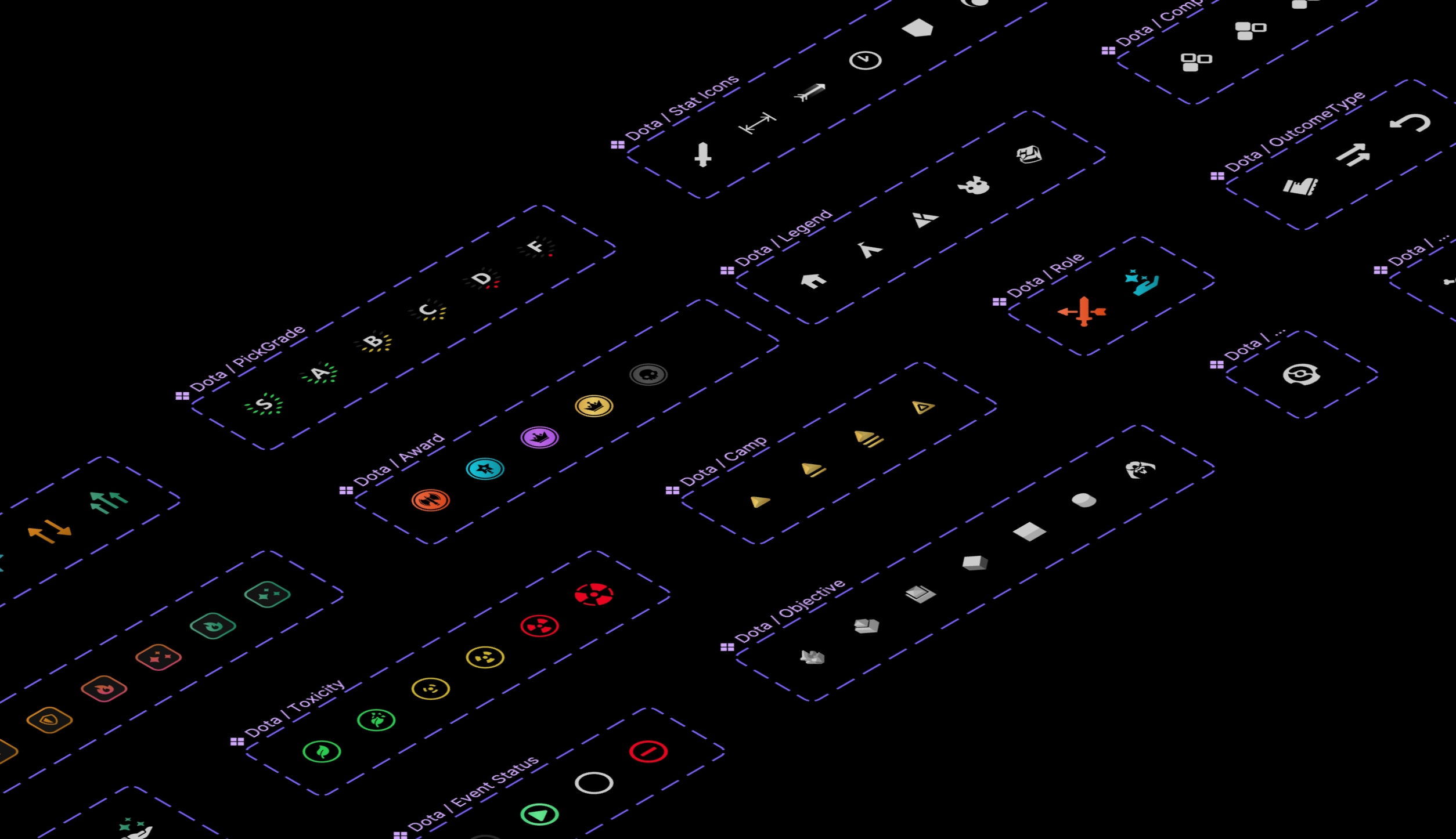 An isometric view of groups of colorful icons, each indicating different aspects of Dota 2 terminology.