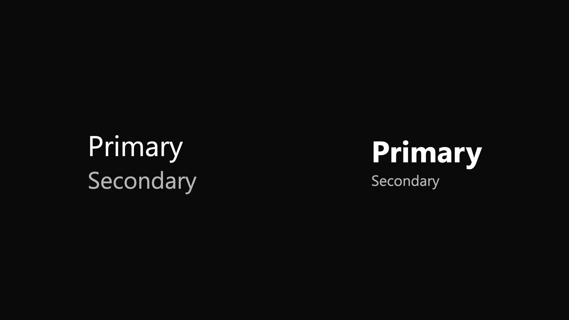 Two pairings of text, both reading “Primary, Secondary.” In the first set, the text is almost the same size, with only slight dimming indicating the secondary nature of the second string. In the second set, the size difference between the text is much more pronounced, and the primary string is bolded, creating clear hierarchy.