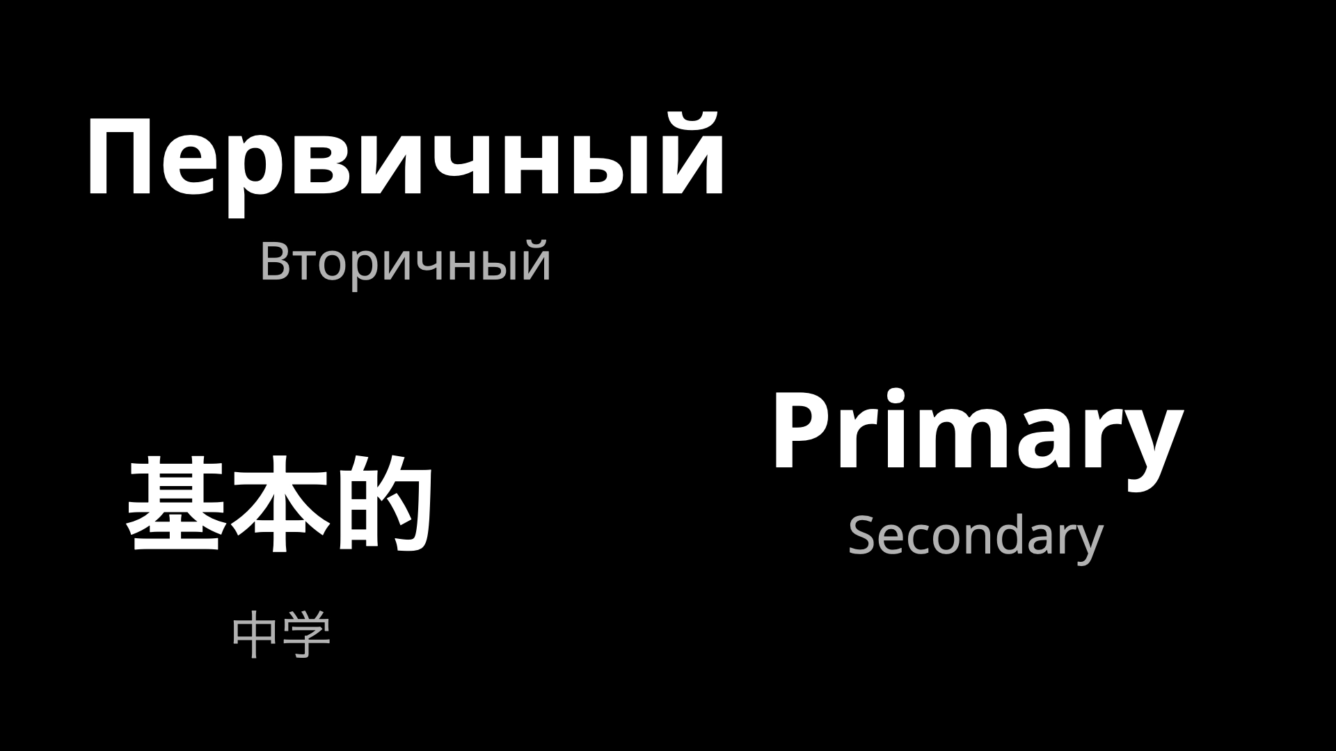 Three parings of text indicating how the font uses a consistent style for different languages. The text reads “Первичный Вторичный” for Russian, “基本的 中学” for Chinese, and “Primary Secondary” for English