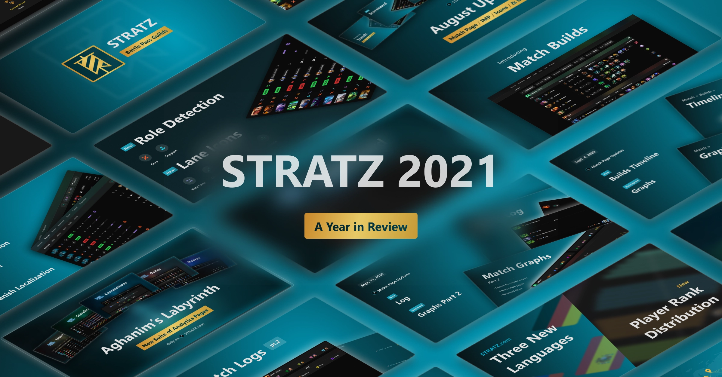 STRATZ 2021, A Year in Review with an isometric layout of promotional update cards from the year.