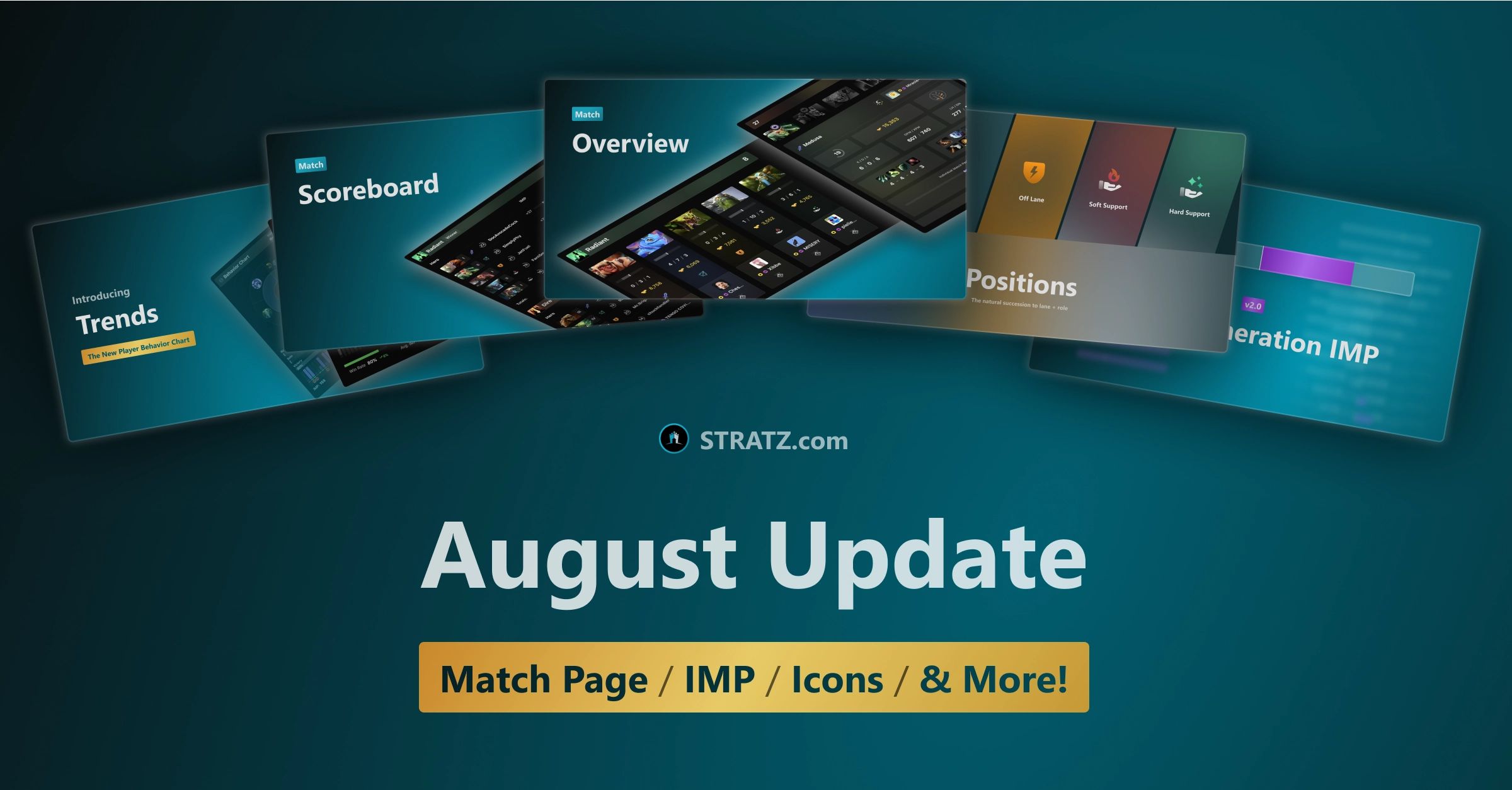 August Update, showing a fan of promotional cards, highlighting improvements to Match Pages, IMP, Icons, & More