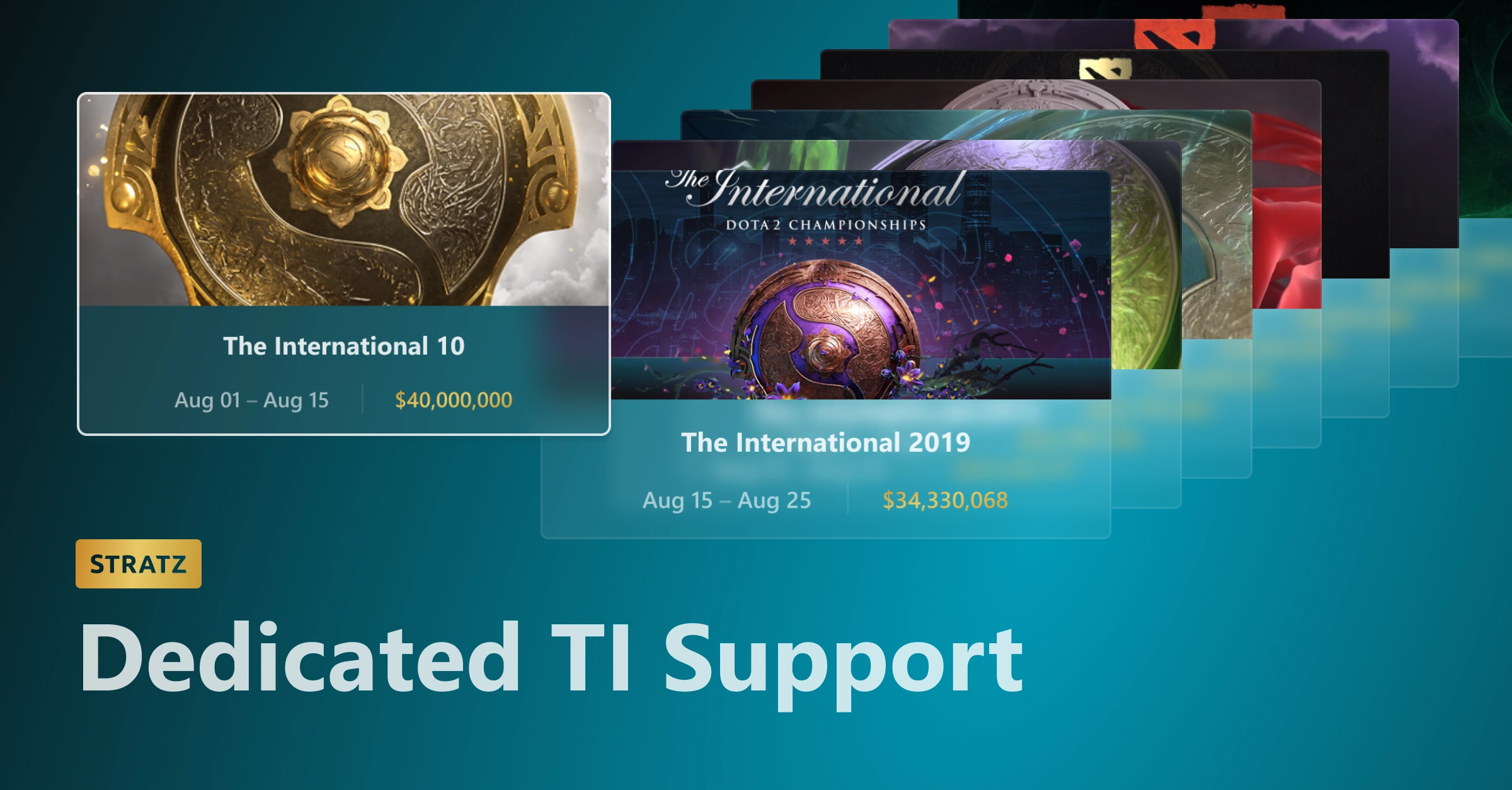 STRATZ Dedicated TI Support, highlighting The International 10, alongside a cascade of previous International promotional cards.