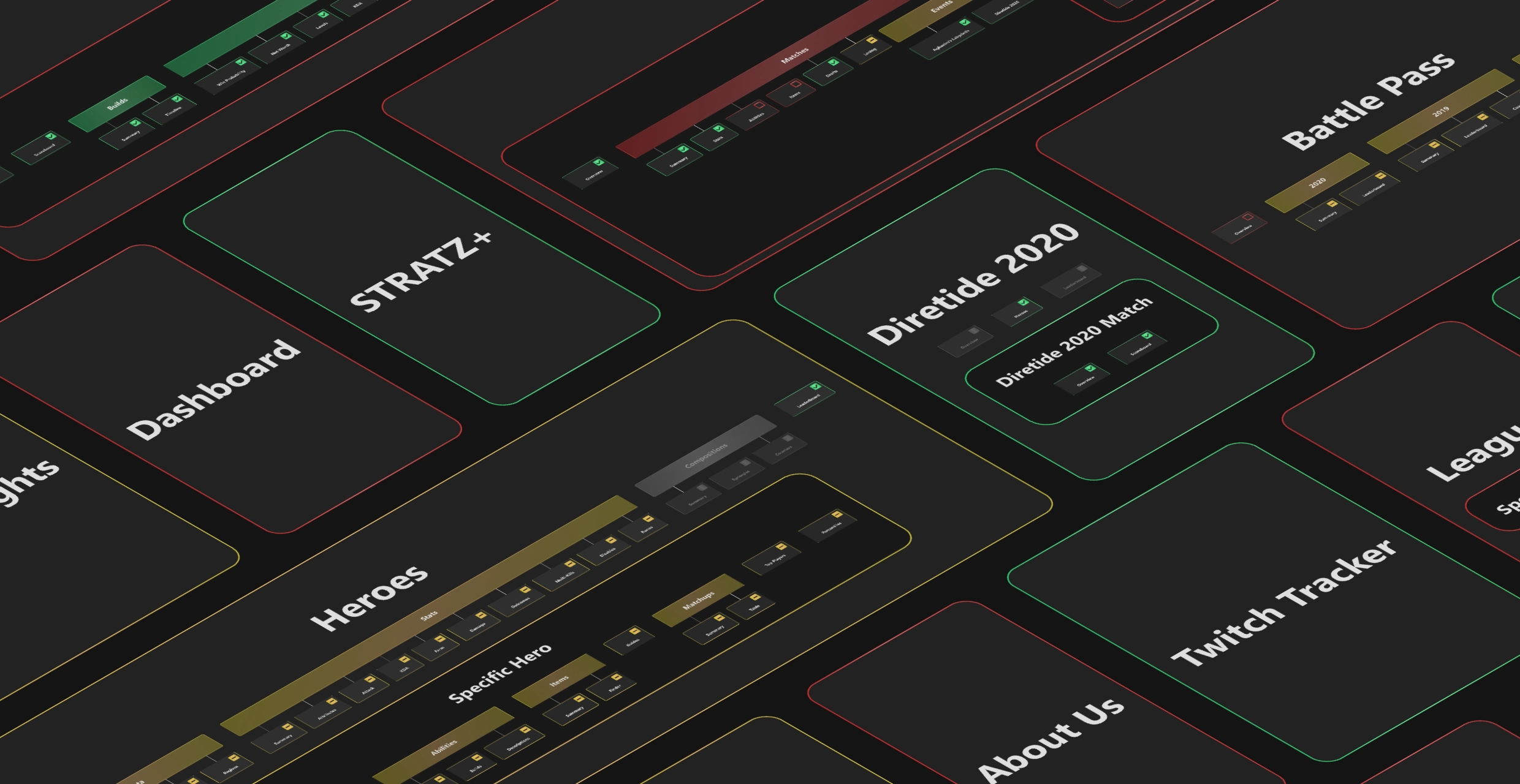 Range of color-coded cards showing key areas of the site, laid out in an isometric pattern.