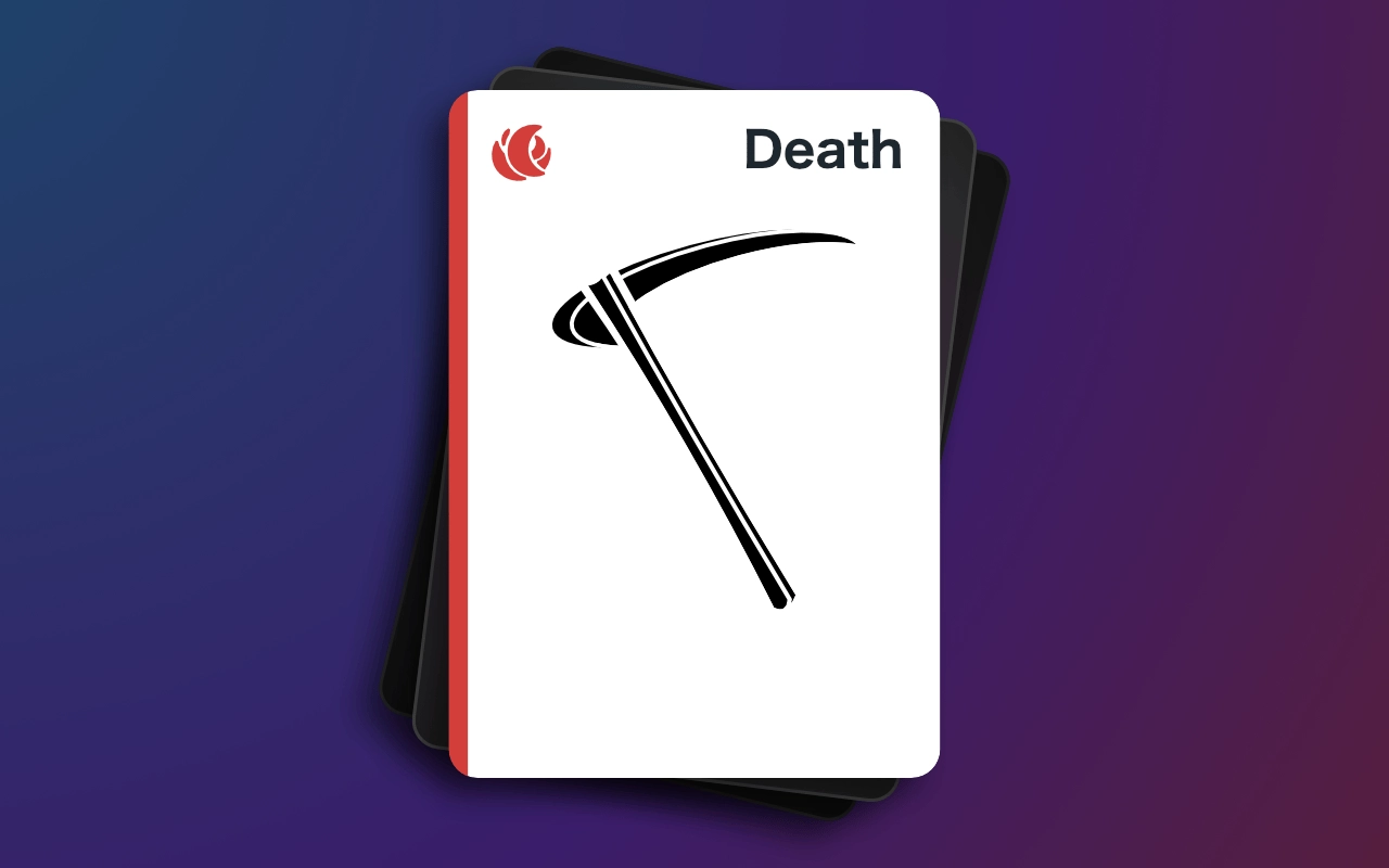 The Earth card “Death.” A scythe made of simple lines and curves lies at an angle.