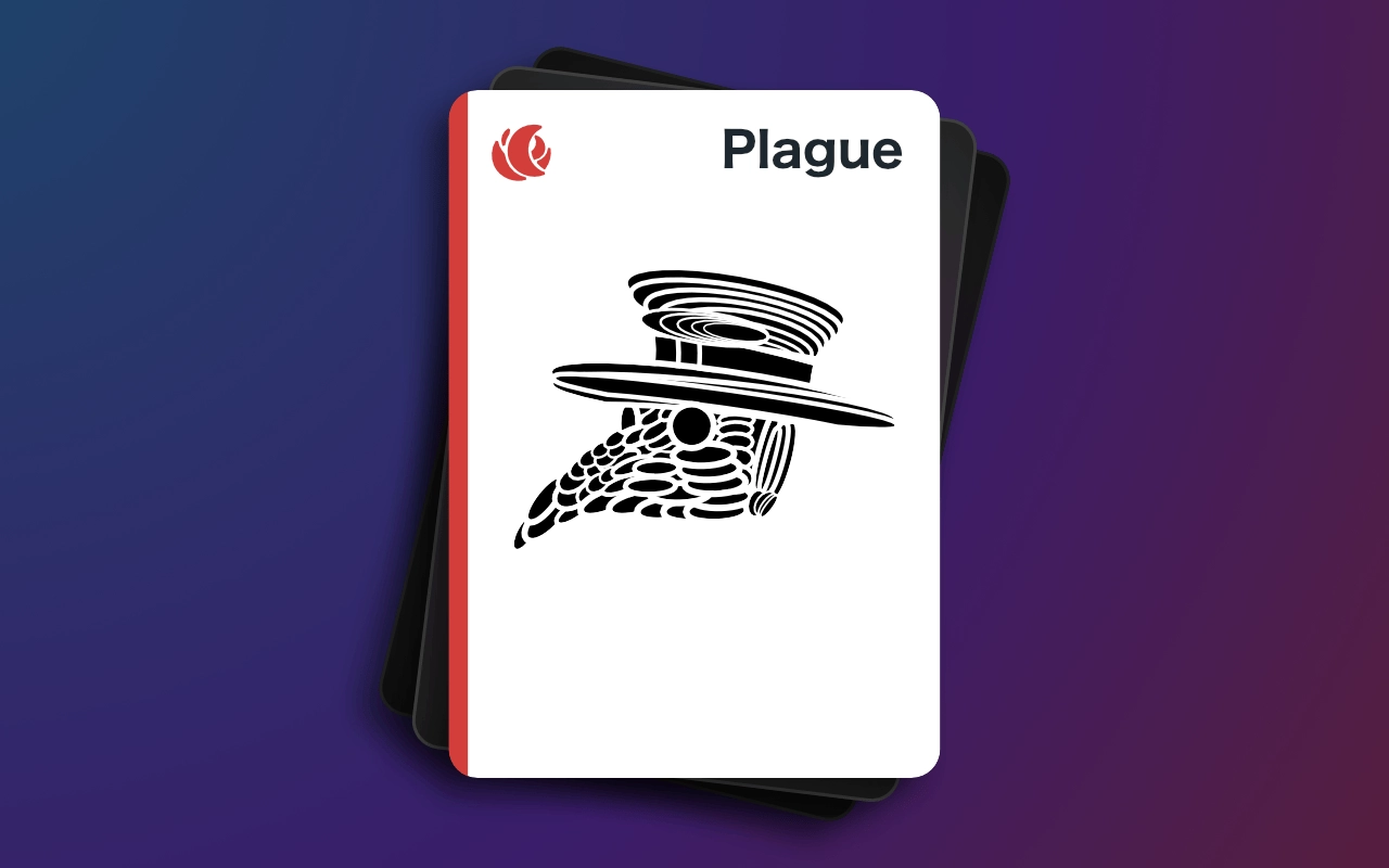 The Earth card “Plague.” Overlapping circles resembling scales make up an old-fashioned witch doctor’s mask complete with hat.