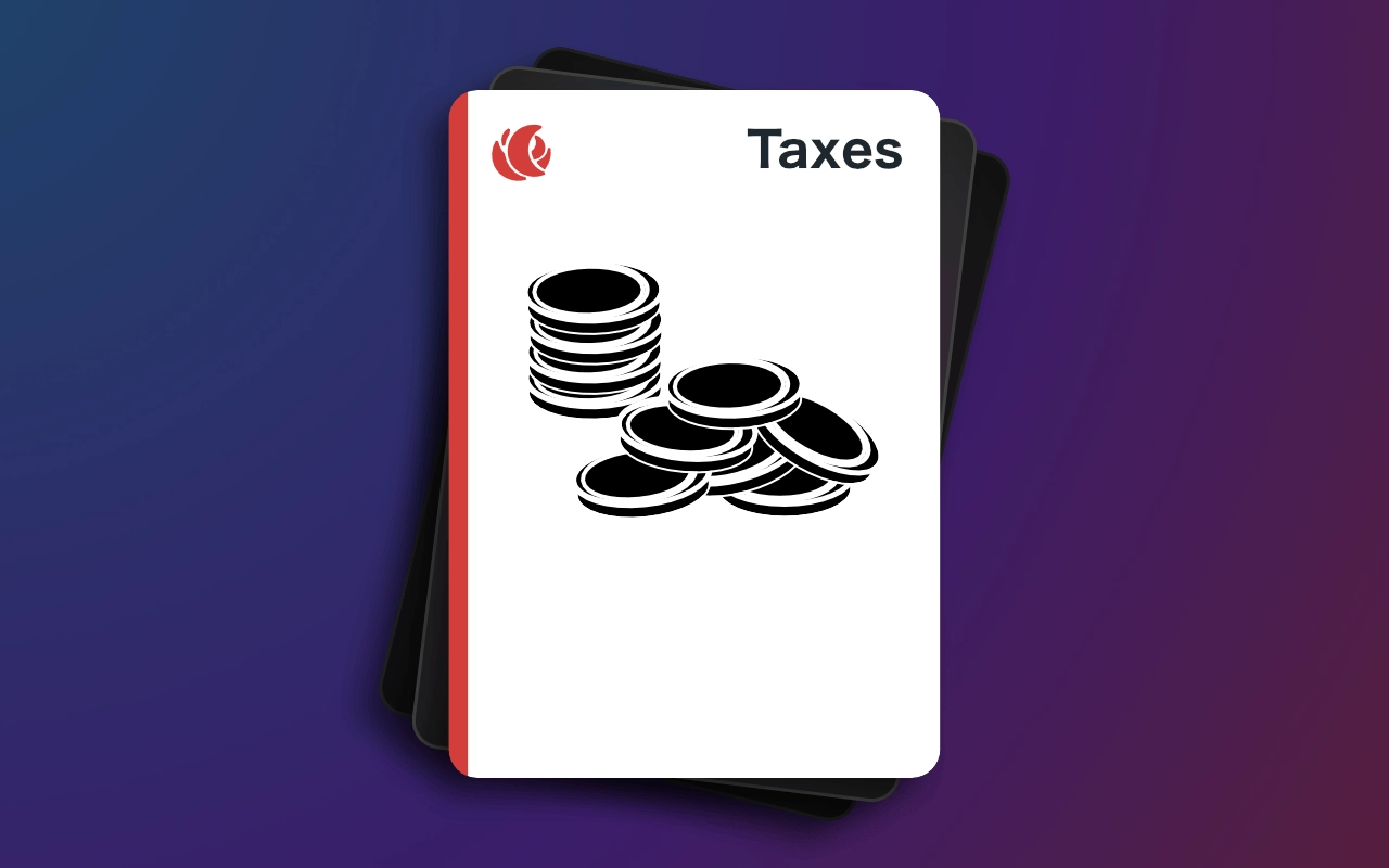 The Earth card “Taxes.” Simple arcs around circles make up the shape of a messy pile of coins next to a neater stack of coins.