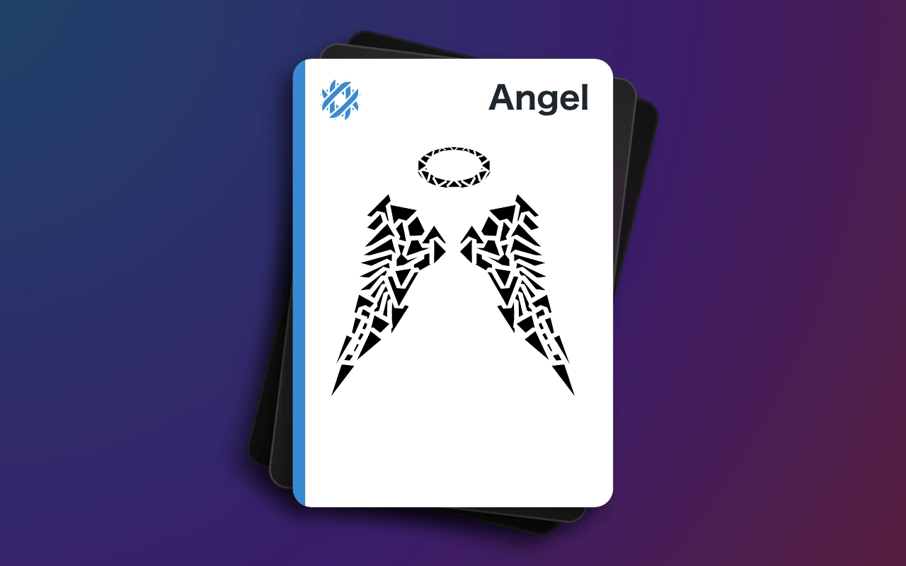The Heaven card “Angel.” Jagged geometric shapes make up the form of two angel wings with a halo above them.
