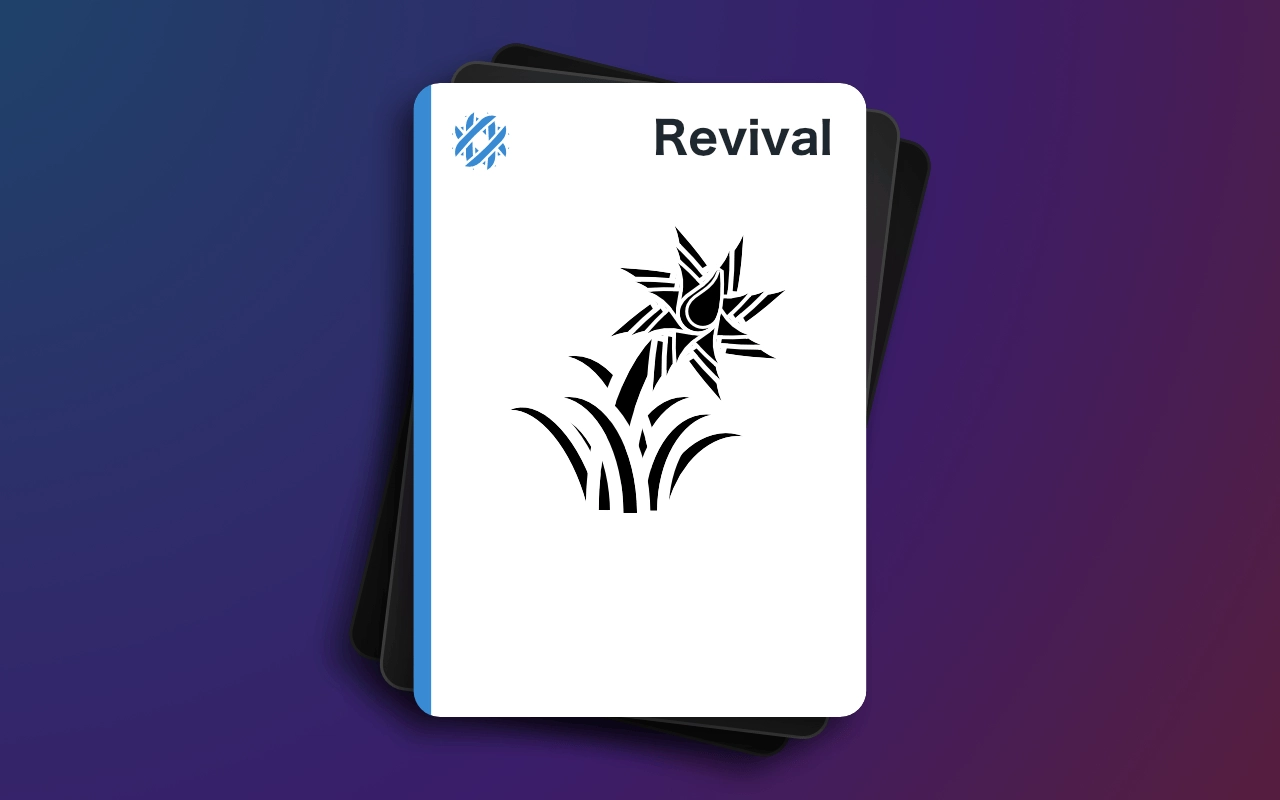 The Heaven card “Revival.” A pinwheel-shaped flower extends out of a patch of grass. The heart of the flower is shaped like a teardrop.