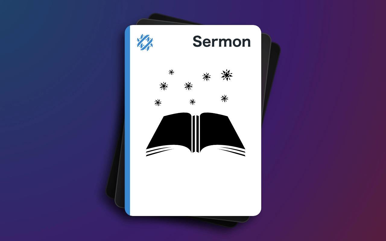 The Heaven card “Sermon.” A book is opened flat along its spine, with a number of sparkling stars floating above the pages.