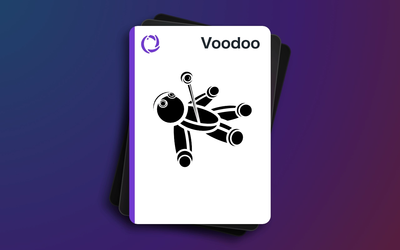 The Void card “Voodoo.” Round oblong shapes make up the shape of a doll with a pin sticking out of its chest.