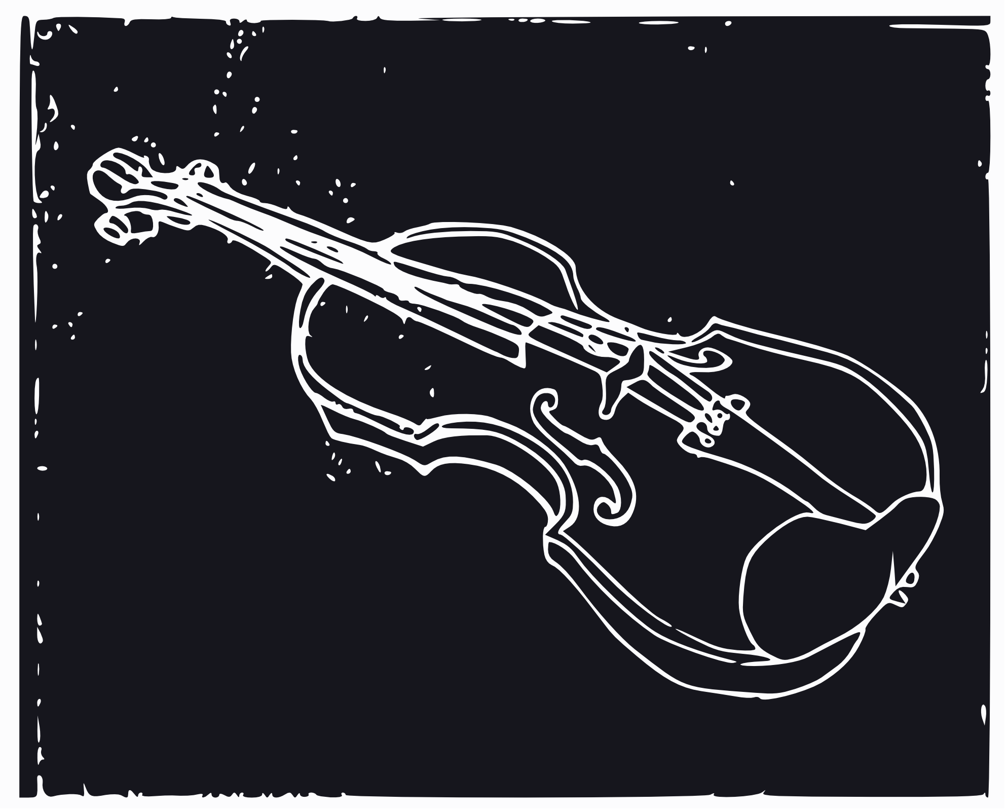 Line art depicting a violin inverted against a black speckled background, reminiscent of a stamp.